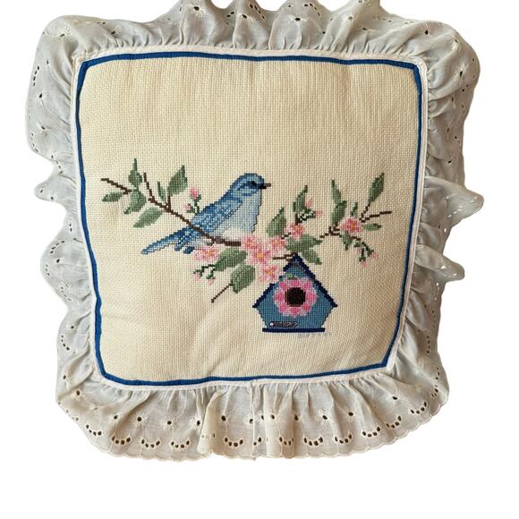 Vintage Bluebird Birdhouse Cross Stitch Pillow Eyelet Lace Ruffle Cottage Core - Picture 1 of 11